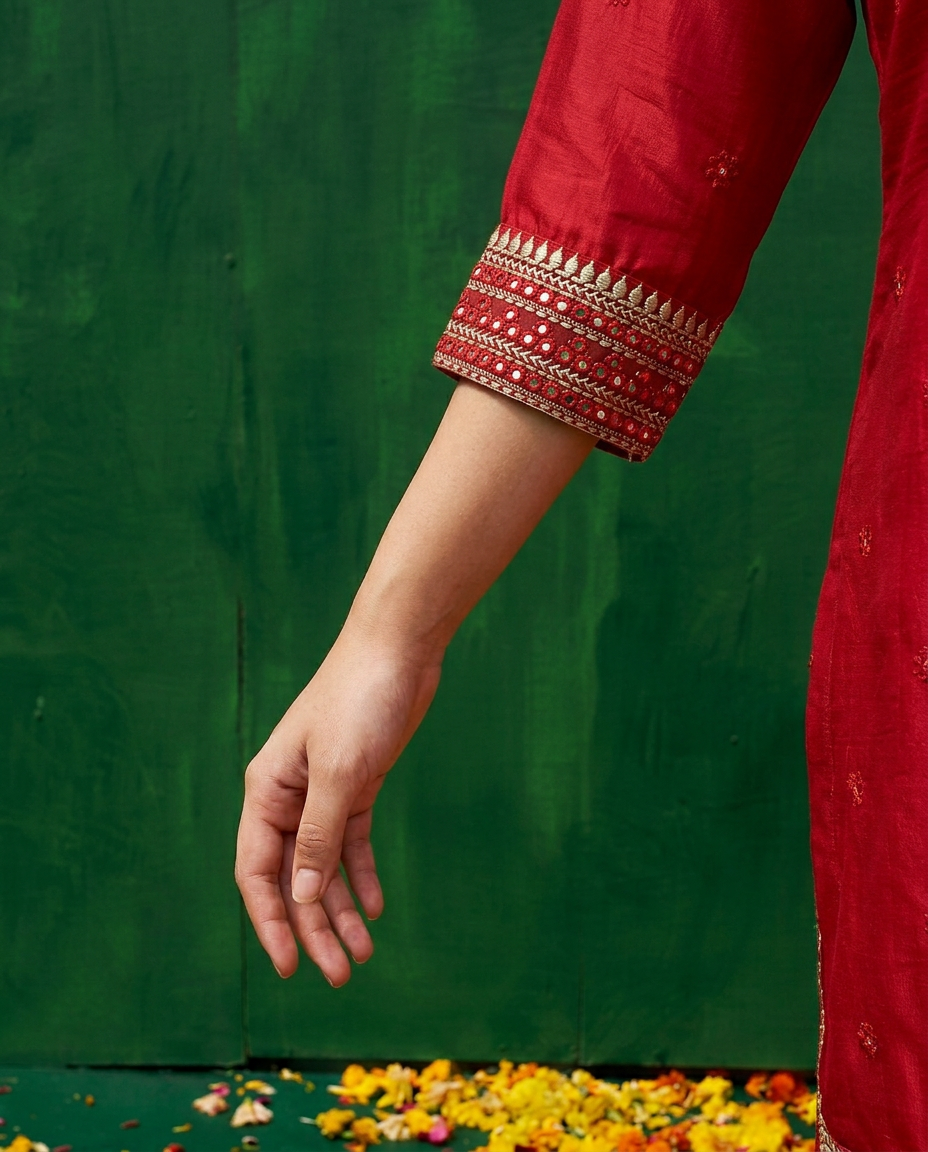 Red Embroidered Silk Blended 3/4 Sleeves Kurta Bottom Dupatta Set