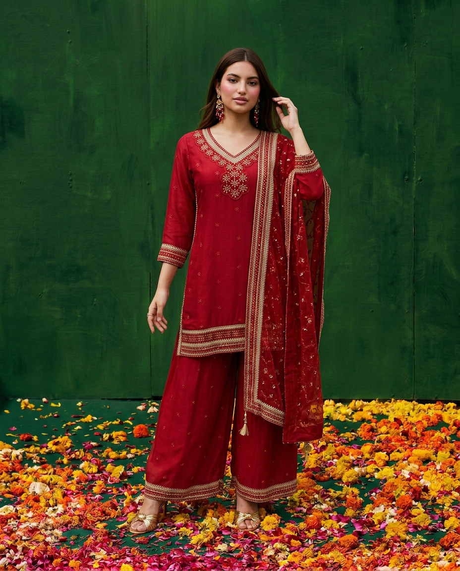 Red Embroidered Silk Blended 3/4 Sleeves Kurta Bottom Dupatta Set