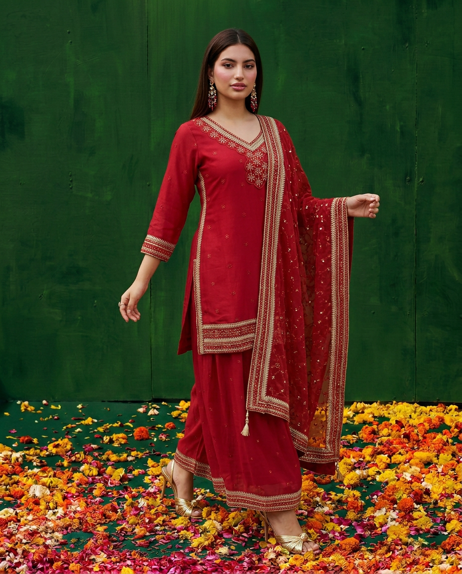 Red Embroidered Silk Blended 3/4 Sleeves Kurta Bottom Dupatta Set