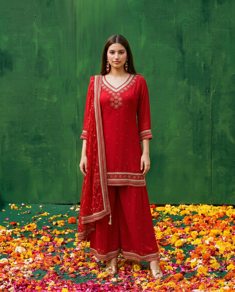 Red Embroidered Silk Blended 3/4 Sleeves Kurta Bottom Dupatta Set