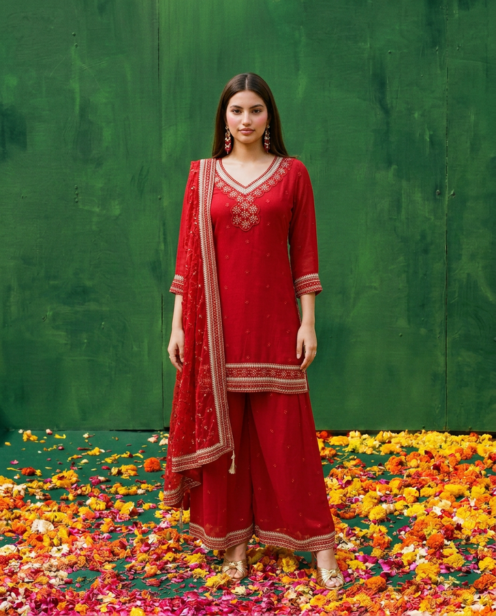 Red Embroidered Silk Blended 3/4 Sleeves Kurta Bottom Dupatta Set