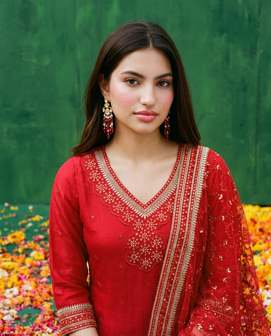 Red Embroidered Silk Blended 3/4 Sleeves Kurta Bottom Dupatta Set