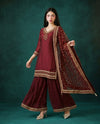Wine Embroidered Silk Blended 3/4 Sleeves Kurta Bottom Dupatta Set