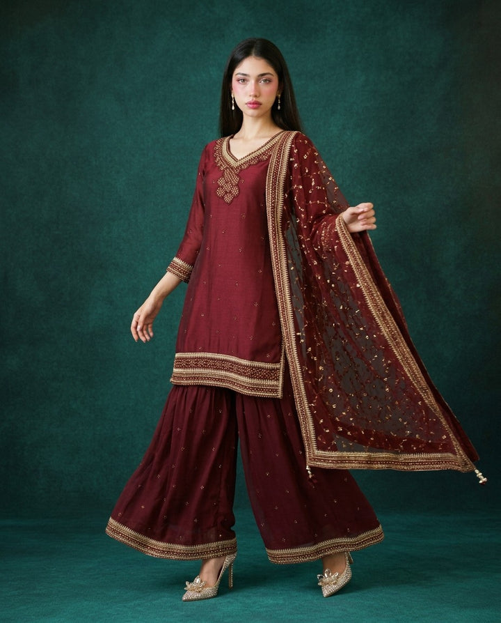 Wine Embroidered Silk Blended 3/4 Sleeves Kurta Bottom Dupatta Set