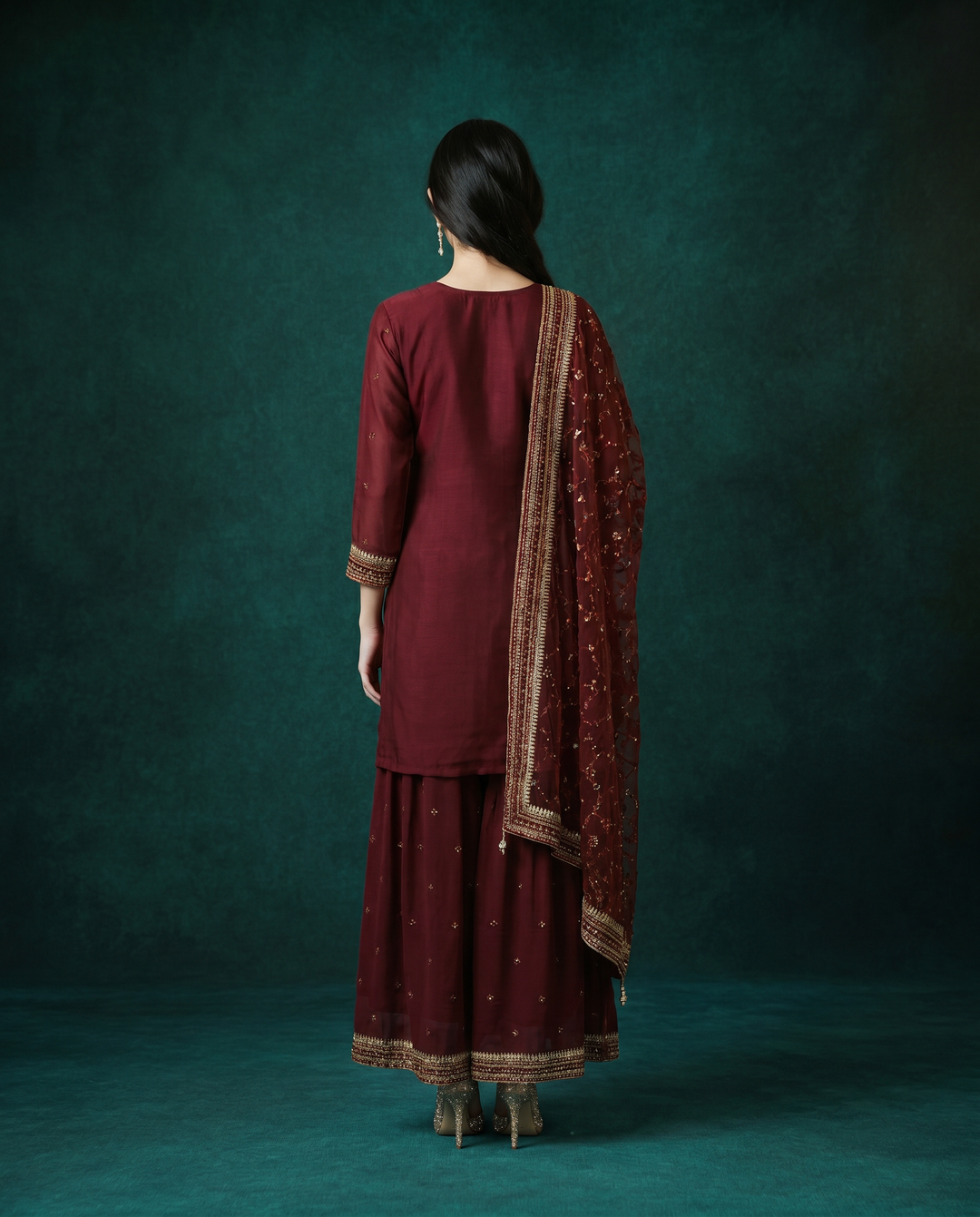 Wine Embroidered Silk Blended 3/4 Sleeves Kurta Bottom Dupatta Set