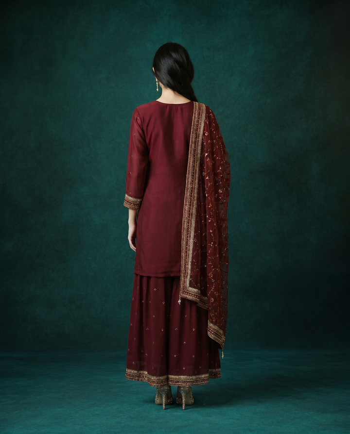 Wine Embroidered Silk Blended 3/4 Sleeves Kurta Bottom Dupatta Set