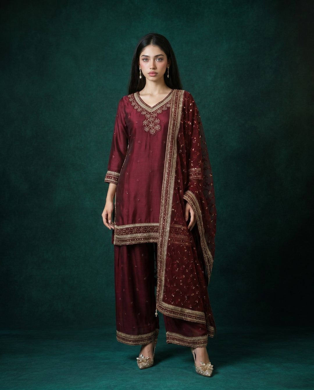 Wine Embroidered Silk Blended 3/4 Sleeves Kurta Bottom Dupatta Set