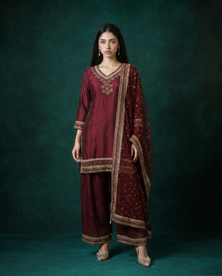 Wine Embroidered Silk Blended 3/4 Sleeves Kurta Bottom Dupatta Set