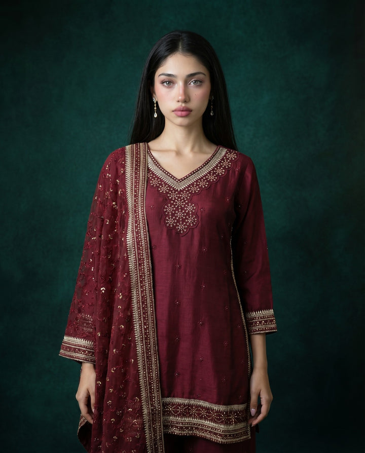 Wine Embroidered Silk Blended 3/4 Sleeves Kurta Bottom Dupatta Set