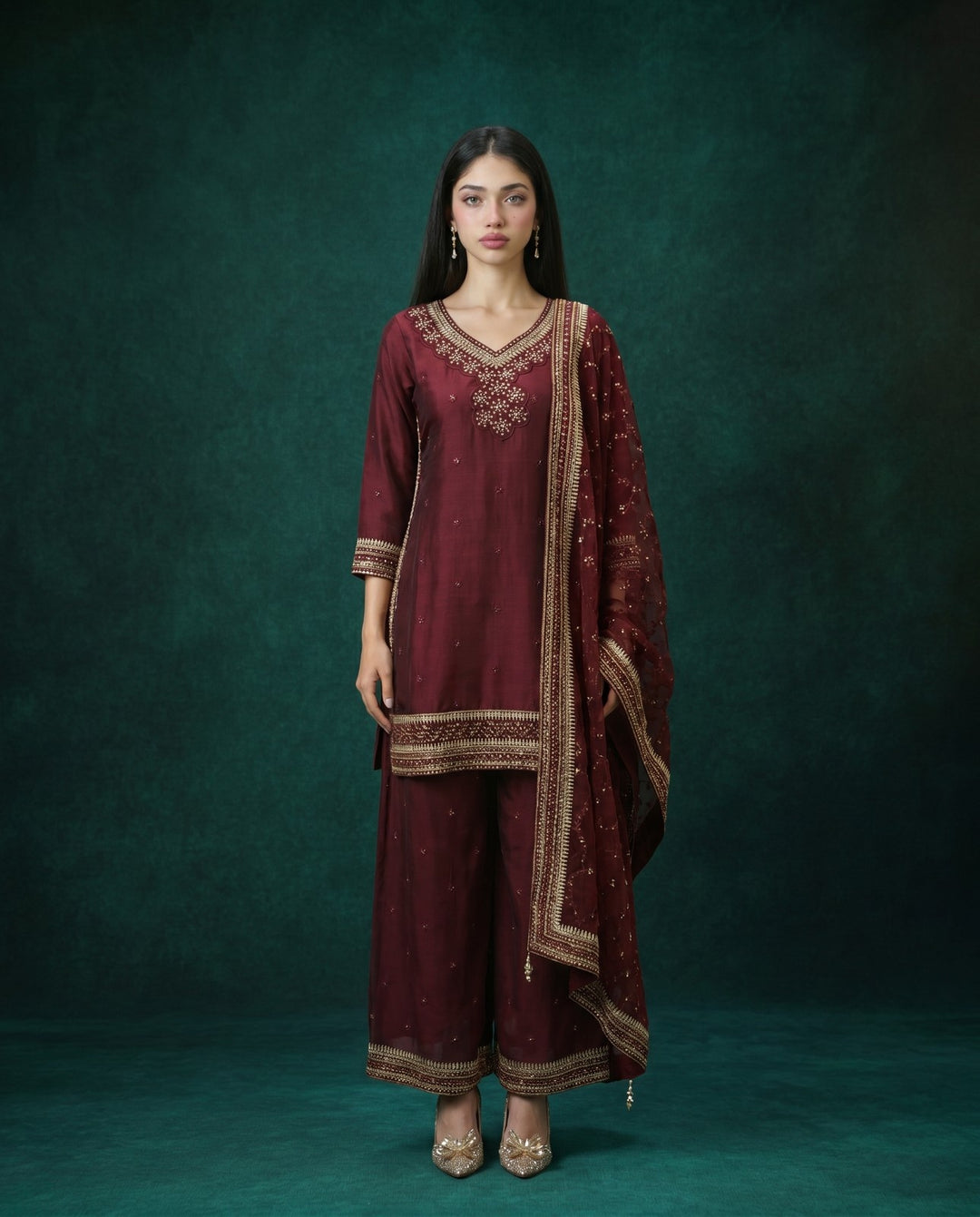 Wine Embroidered Silk Blended 3/4 Sleeves Kurta Bottom Dupatta Set