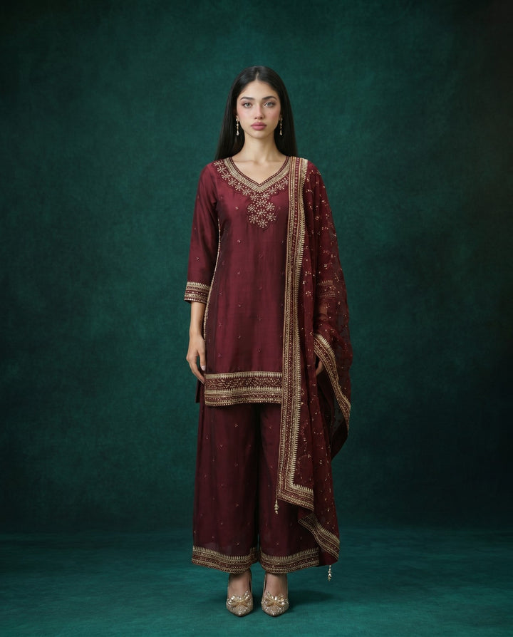 Wine Embroidered Silk Blended 3/4 Sleeves Kurta Bottom Dupatta Set