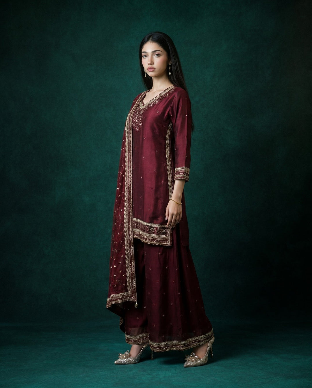 Wine Embroidered Silk Blended 3/4 Sleeves Kurta Bottom Dupatta Set