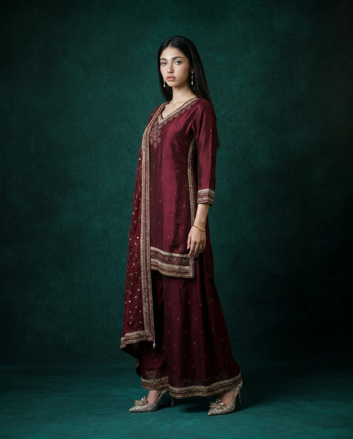 Wine Embroidered Silk Blended 3/4 Sleeves Kurta Bottom Dupatta Set