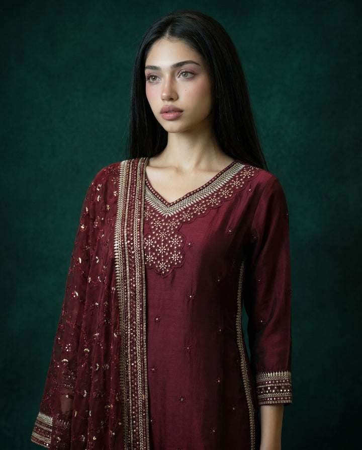 Wine Embroidered Silk Blended 3/4 Sleeves Kurta Bottom Dupatta Set