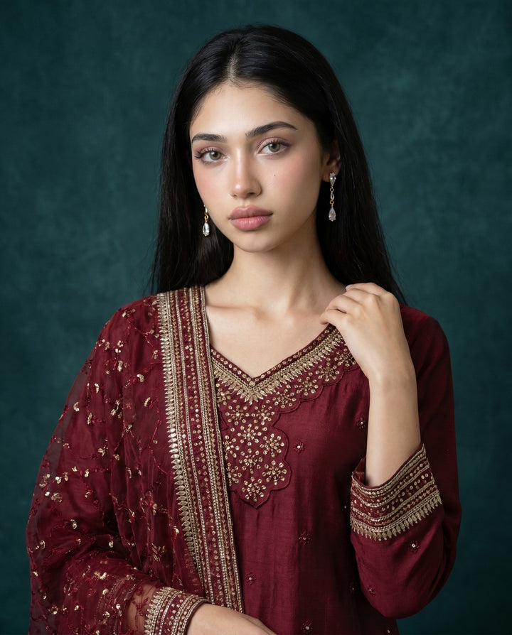 Wine Embroidered Silk Blended 3/4 Sleeves Kurta Bottom Dupatta Set