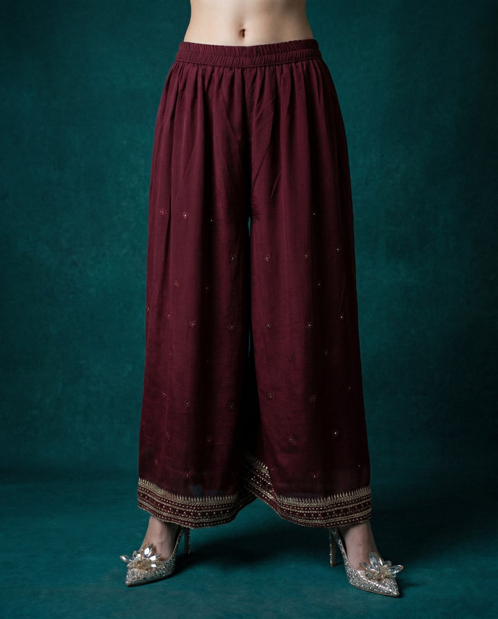 Wine Embroidered Silk Blended 3/4 Sleeves Kurta Bottom Dupatta Set