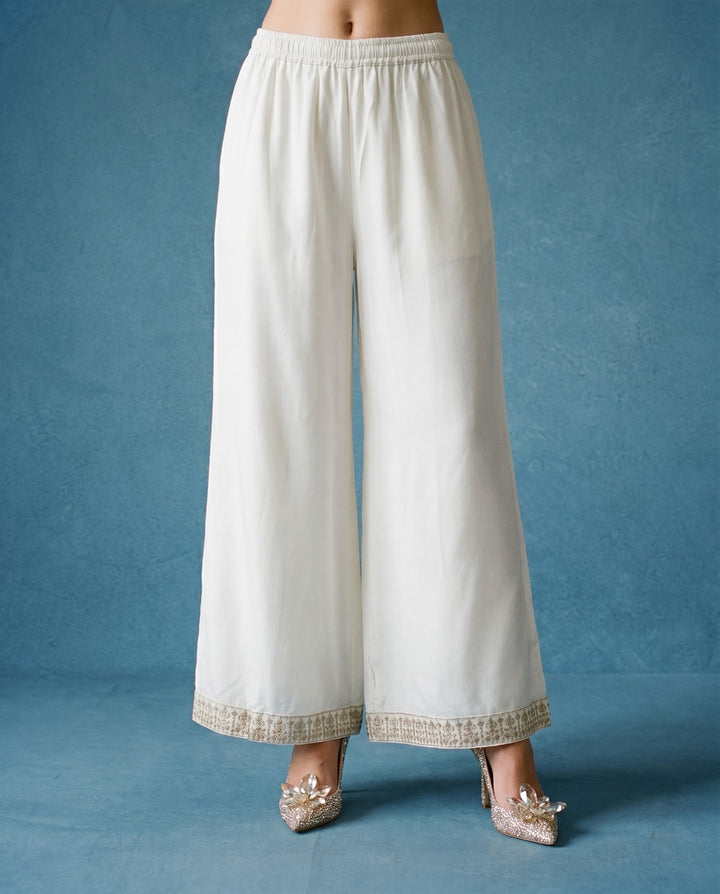 White Embroidered Silk Blended Spaghetti Strap Kurta Bottom Dupatta Set