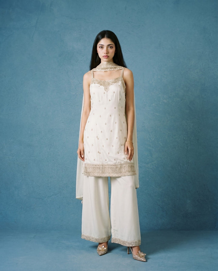 White Embroidered Silk Blended Spaghetti Strap Kurta Bottom Dupatta Set