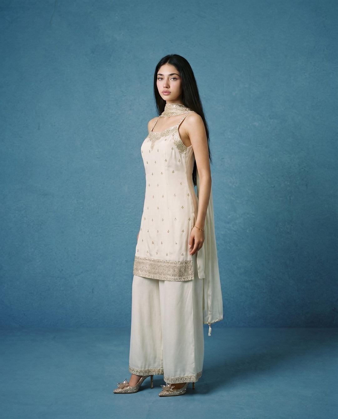 White Embroidered Silk Blended Spaghetti Strap Kurta Bottom Dupatta Set