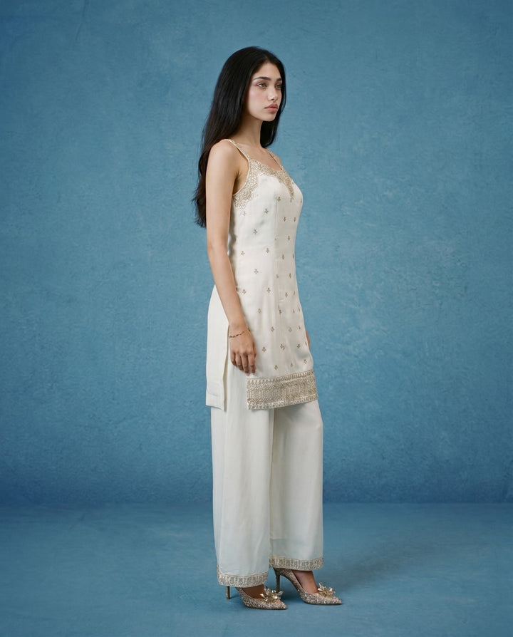 White Embroidered Silk Blended Spaghetti Strap Kurta Bottom Dupatta Set