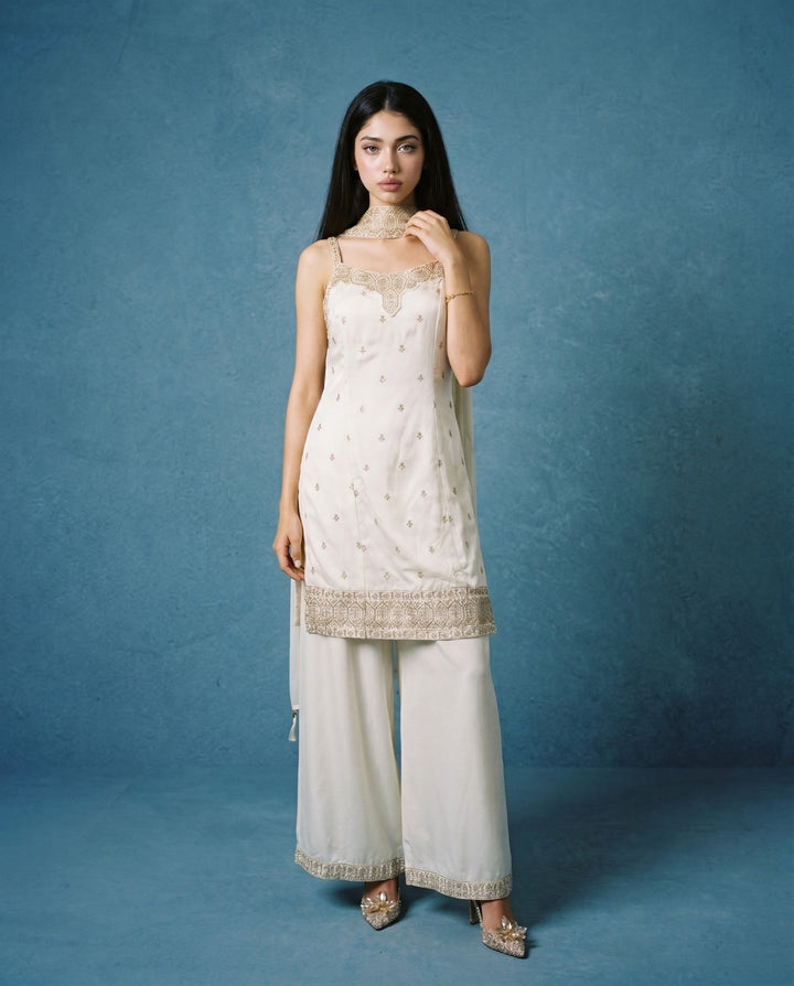 White Embroidered Silk Blended Spaghetti Strap Kurta Bottom Dupatta Set