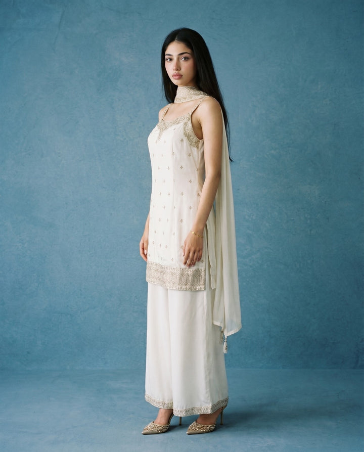 White Embroidered Silk Blended Spaghetti Strap Kurta Bottom Dupatta Set