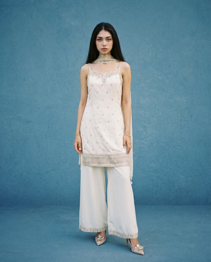 White Embroidered Silk Blended Spaghetti Strap Kurta Bottom Dupatta Set