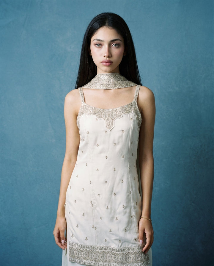 White Embroidered Silk Blended Spaghetti Strap Kurta Bottom Dupatta Set