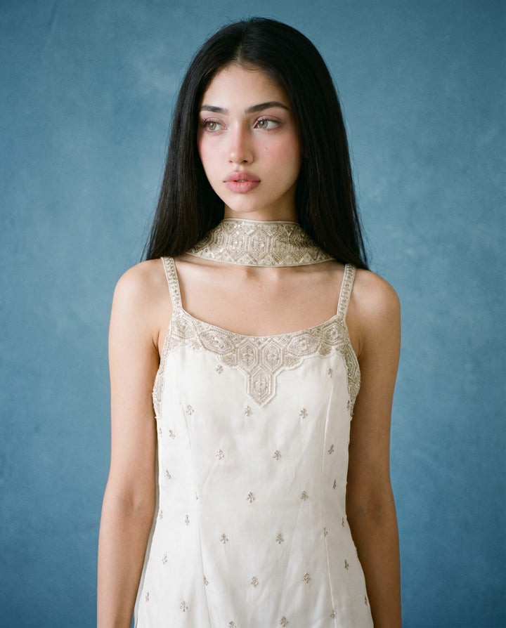 White Embroidered Silk Blended Spaghetti Strap Kurta Bottom Dupatta Set