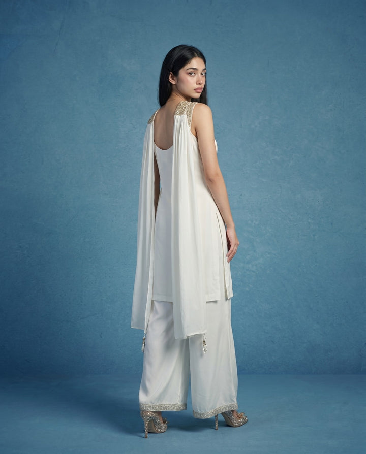 White Embroidered Silk Blended Spaghetti Strap Kurta Bottom Dupatta Set