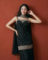Black Embroidered Silk Blended Spaghetti Strap Kurta Bottom Dupatta Set