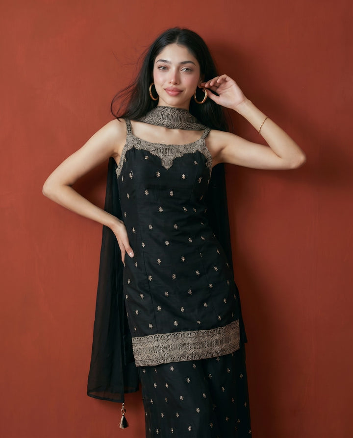 Black Embroidered Silk Blended Spaghetti Strap Kurta Bottom Dupatta Set