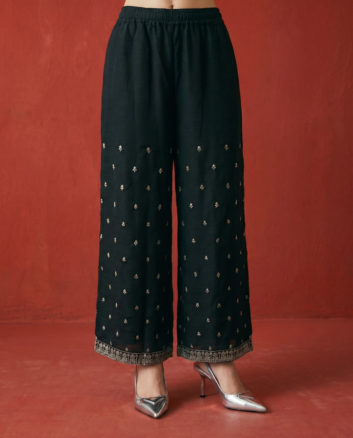 Black Embroidered Silk Blended Spaghetti Strap Kurta Bottom Dupatta Set