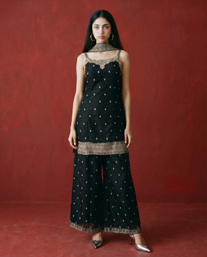 Black Embroidered Silk Blended Spaghetti Strap Kurta Bottom Dupatta Set