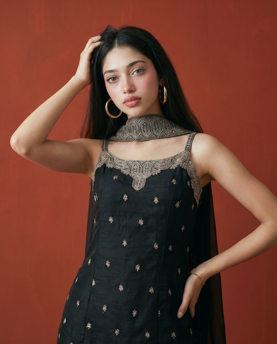 Black Embroidered Silk Blended Spaghetti Strap Kurta Bottom Dupatta Set