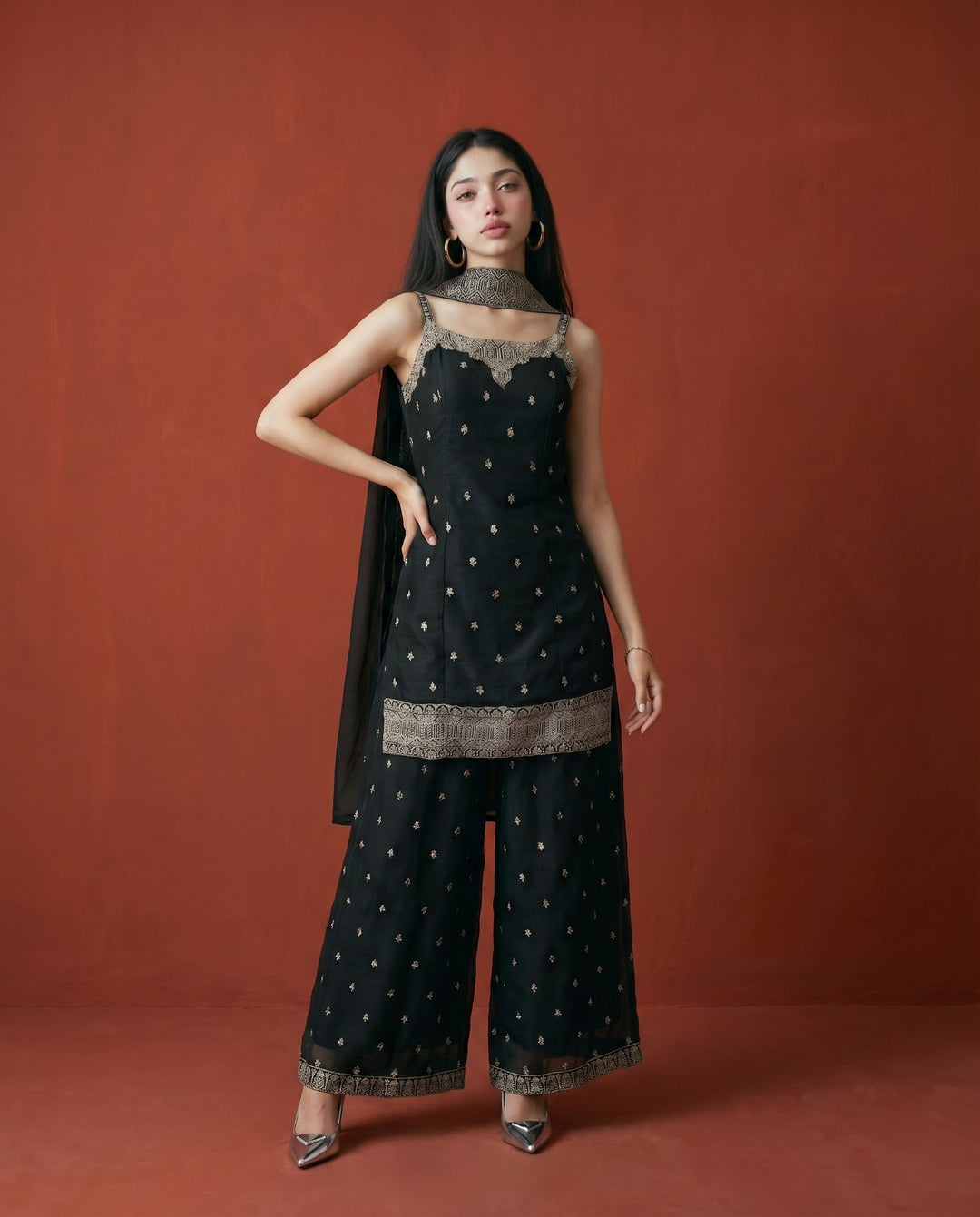 Black Embroidered Silk Blended Spaghetti Strap Kurta Bottom Dupatta Set