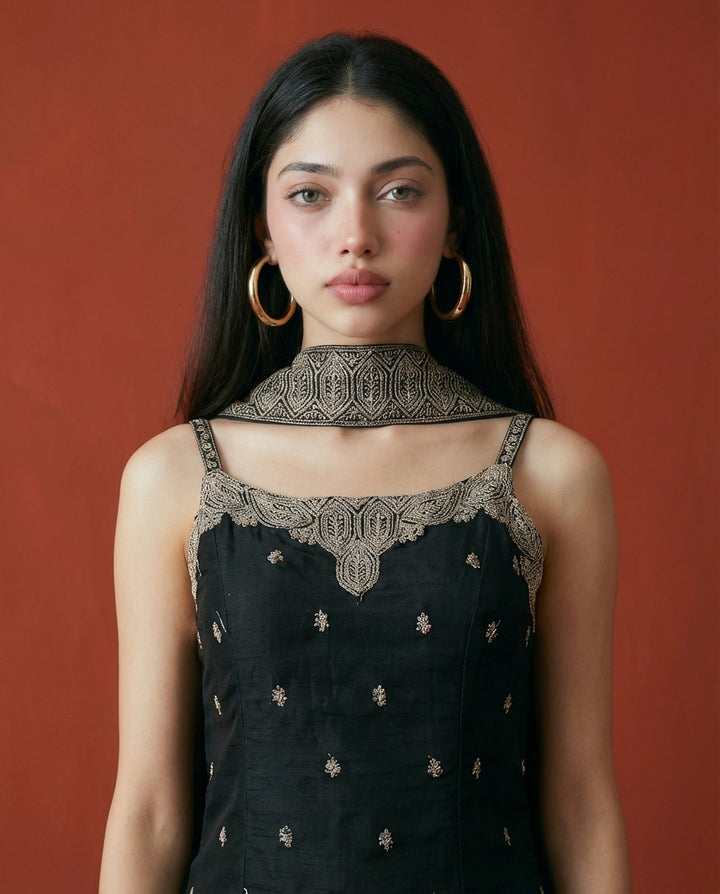Black Embroidered Silk Blended Spaghetti Strap Kurta Bottom Dupatta Set