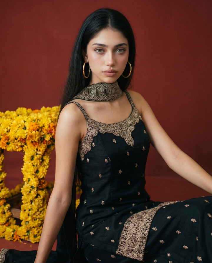 Black Embroidered Silk Blended Spaghetti Strap Kurta Bottom Dupatta Set
