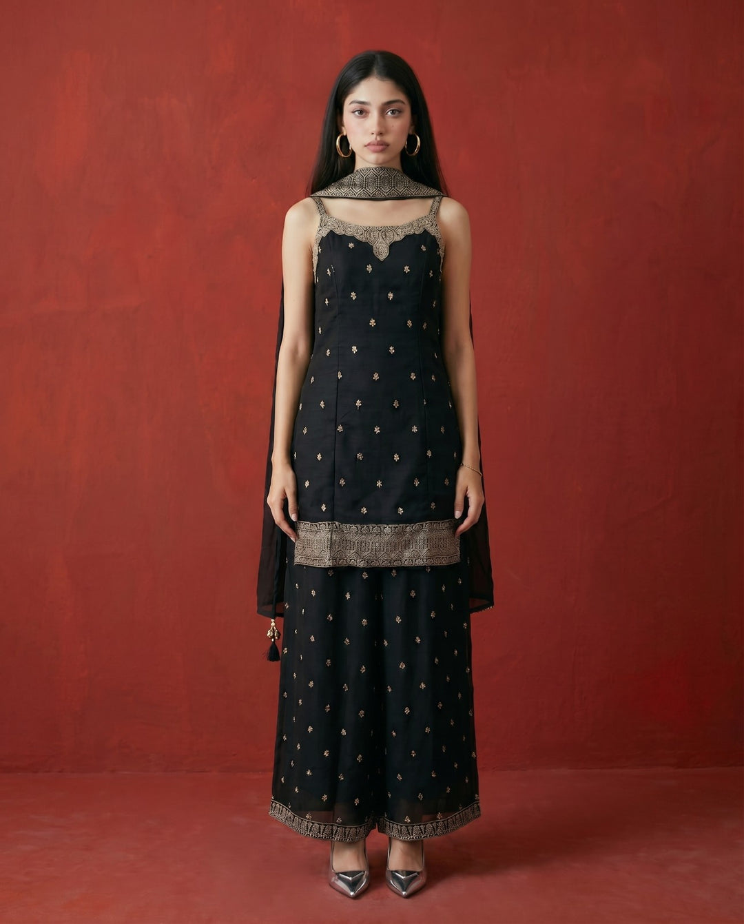 Black Embroidered Silk Blended Spaghetti Strap Kurta Bottom Dupatta Set