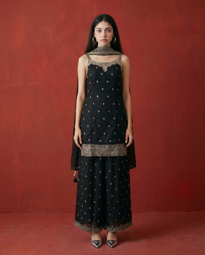 Black Embroidered Silk Blended Spaghetti Strap Kurta Bottom Dupatta Set