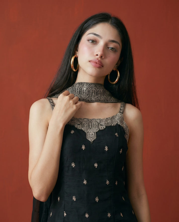 Black Embroidered Silk Blended Spaghetti Strap Kurta Bottom Dupatta Set
