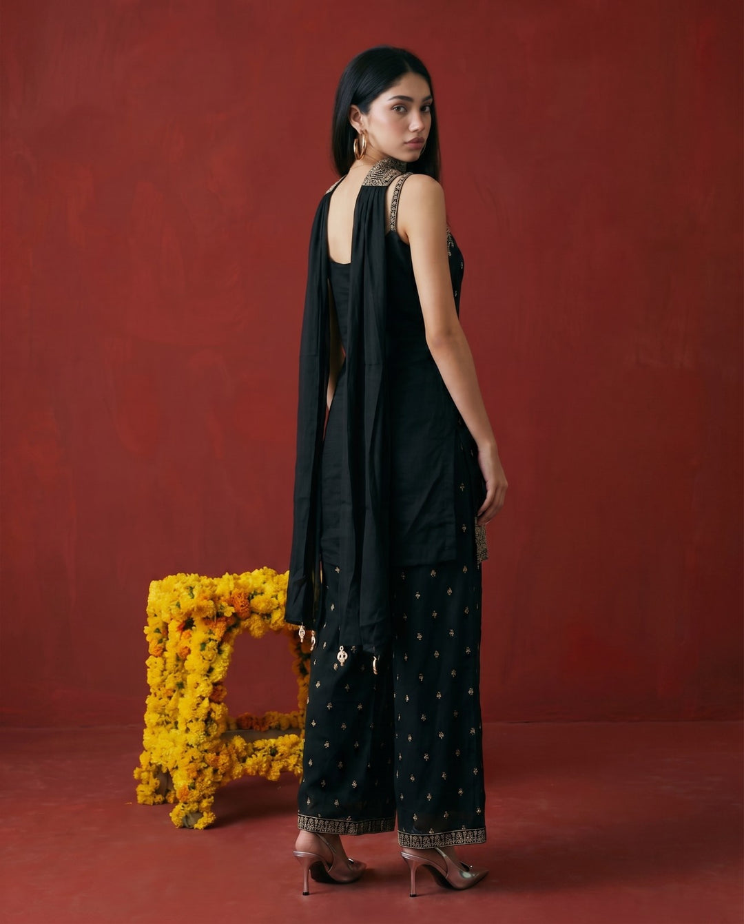 Black Embroidered Silk Blended Spaghetti Strap Kurta Bottom Dupatta Set