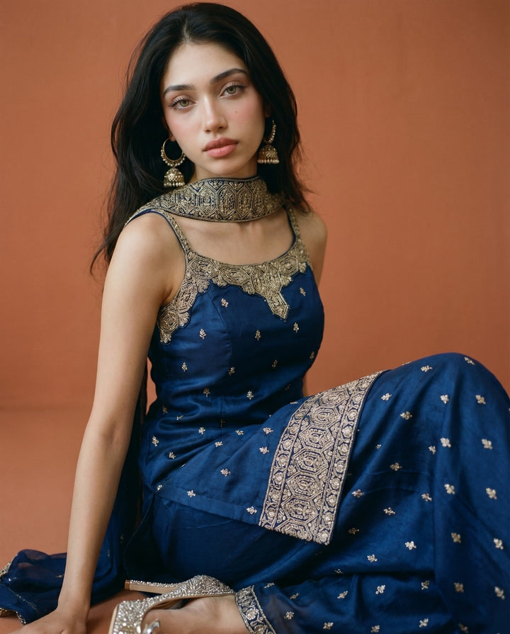 Navy Embroidered Silk Blended Spaghetti Strap Kurta Bottom Dupatta Set
