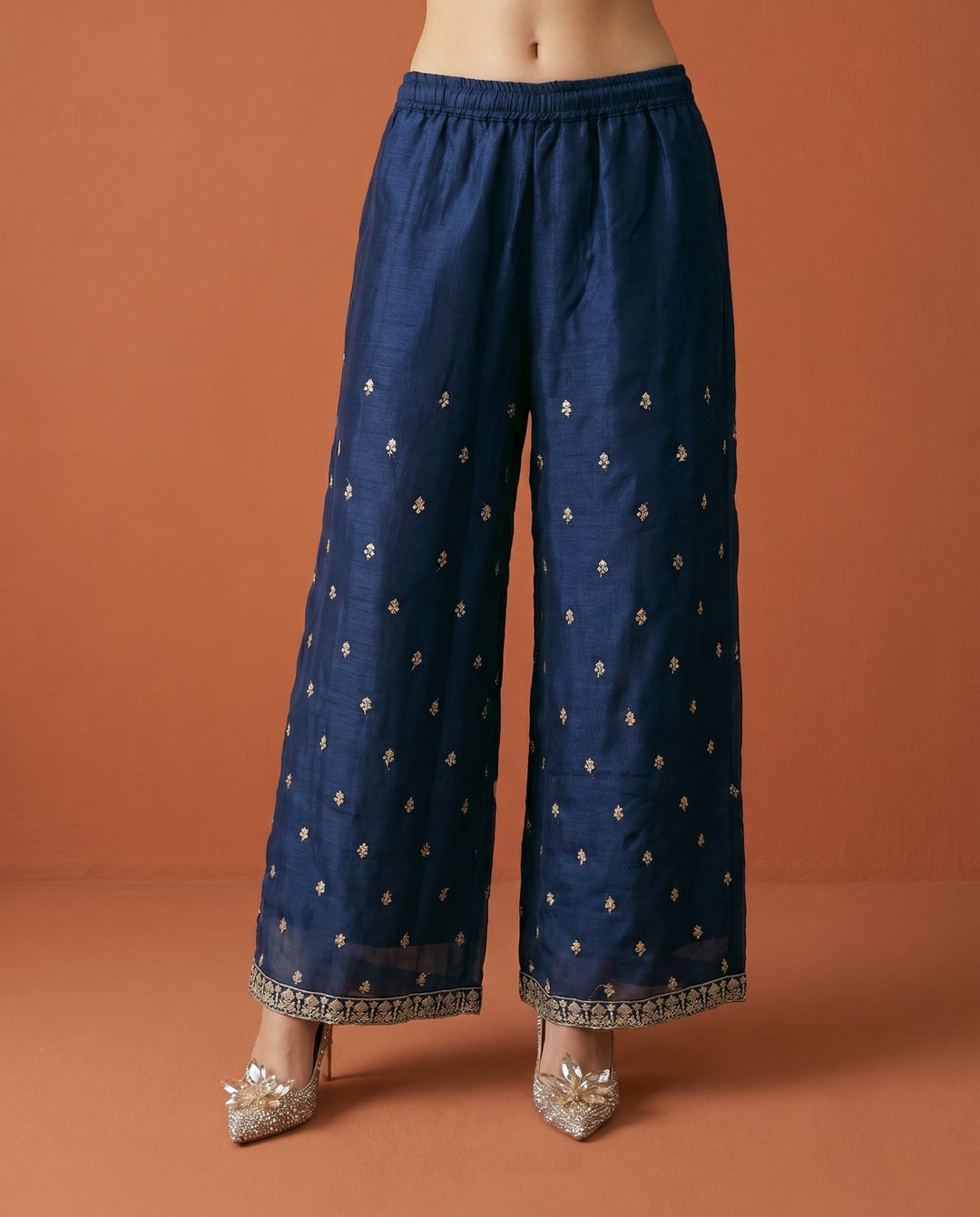 Navy Embroidered Silk Blended Spaghetti Strap Kurta Bottom Dupatta Set