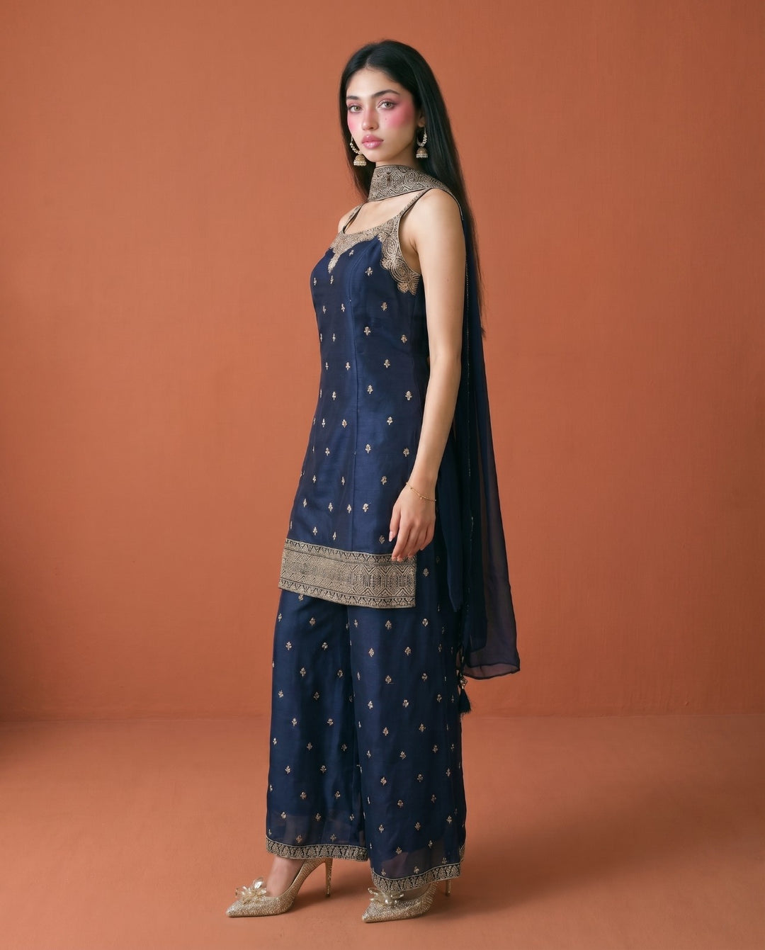 Navy Embroidered Silk Blended Spaghetti Strap Kurta Bottom Dupatta Set
