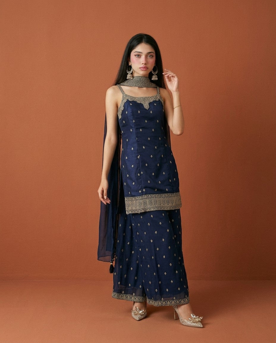 Navy Embroidered Silk Blended Spaghetti Strap Kurta Bottom Dupatta Set