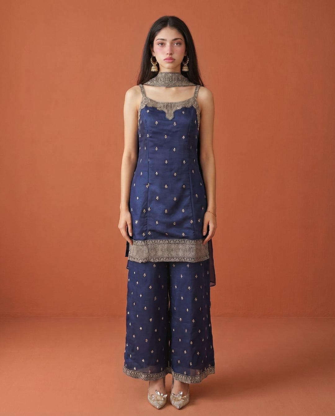 Navy Embroidered Silk Blended Spaghetti Strap Kurta Bottom Dupatta Set