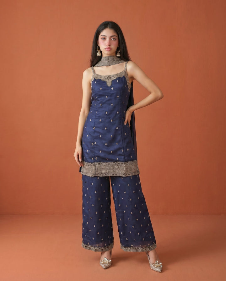 Navy Embroidered Silk Blended Spaghetti Strap Kurta Bottom Dupatta Set