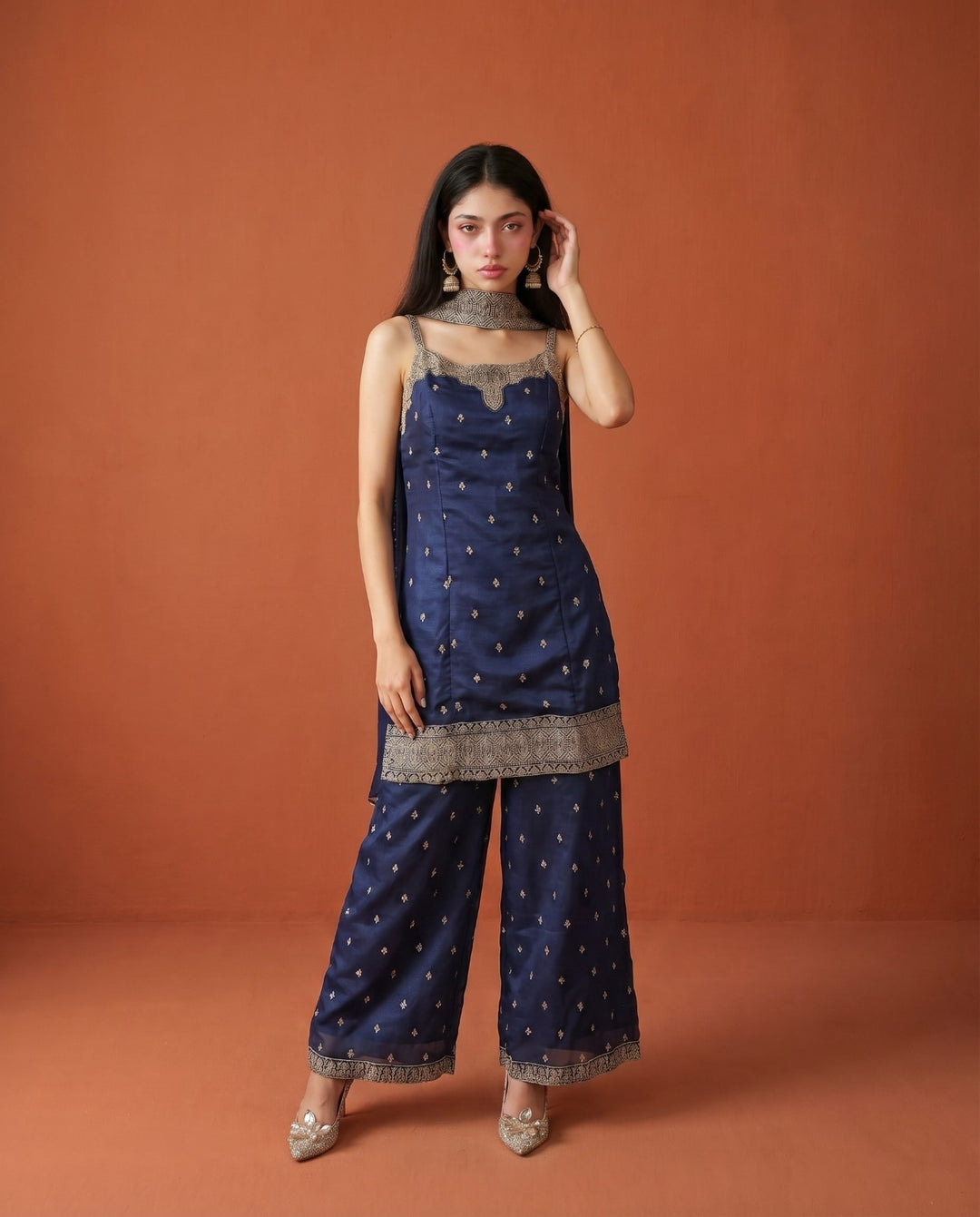 Navy Embroidered Silk Blended Spaghetti Strap Kurta Bottom Dupatta Set