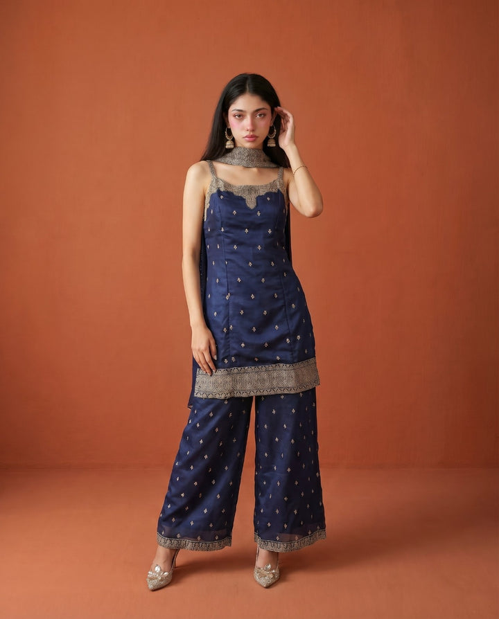 Navy Embroidered Silk Blended Spaghetti Strap Kurta Bottom Dupatta Set